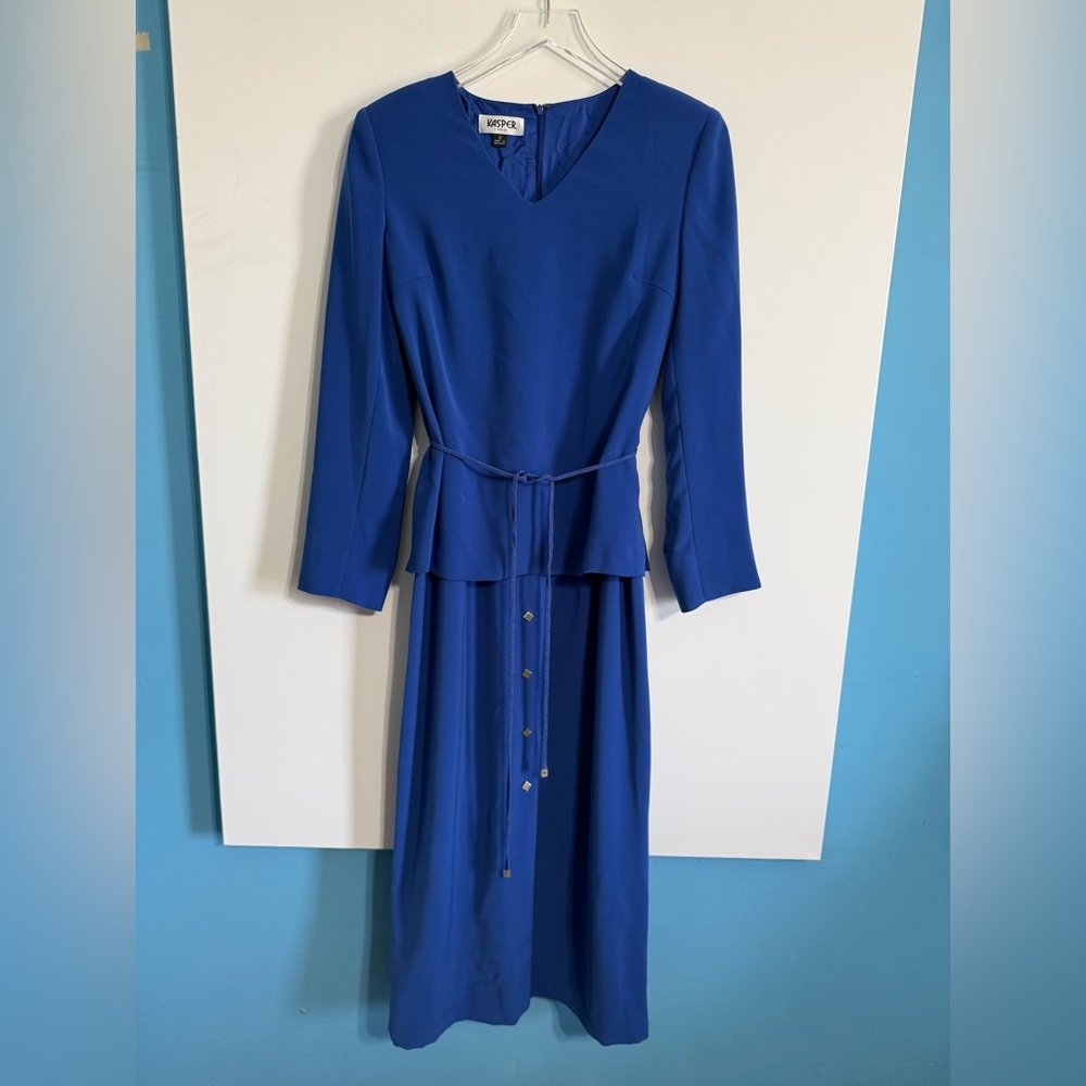 Kasper Cobalt Blue Peplum Button-Front Midi Dress – Belted – Size 8 - Picture 2 of 11